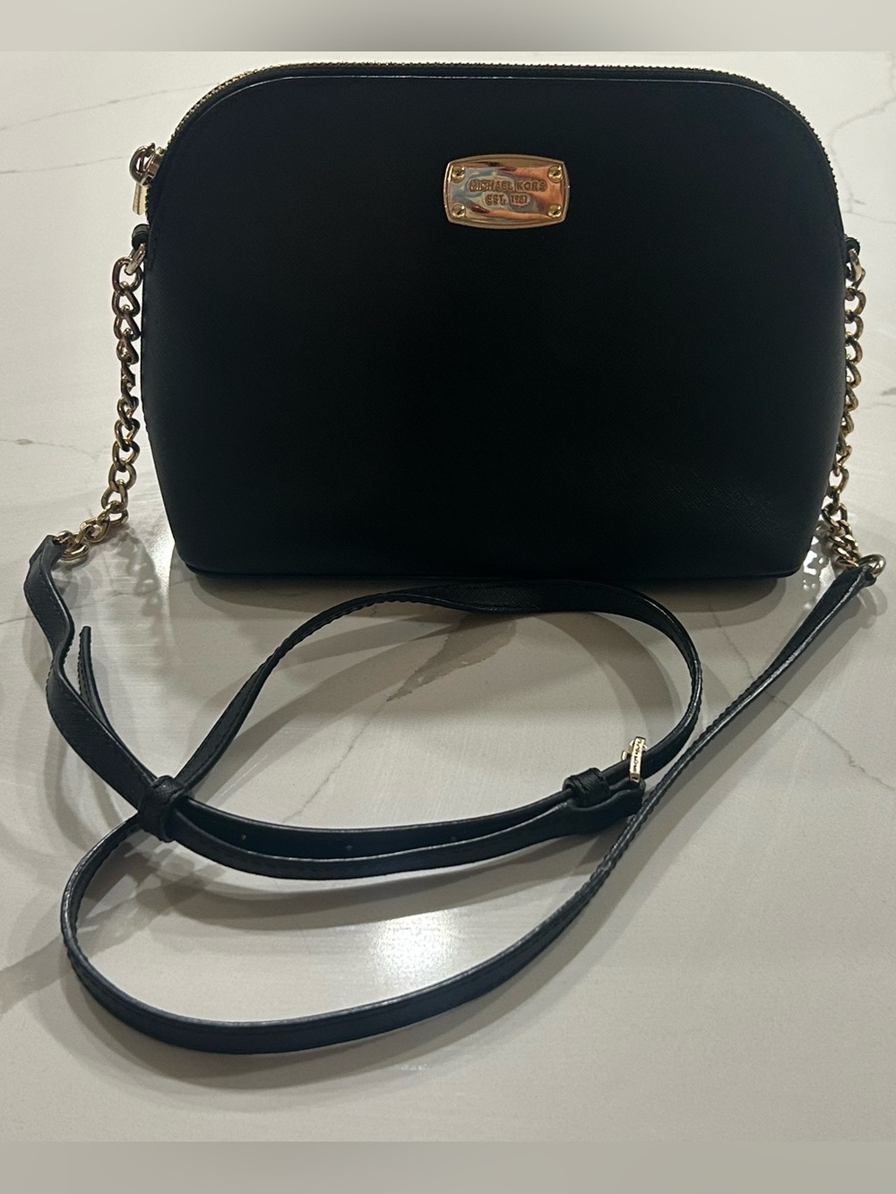 Michael Kors Black Leather Crossbody Dome Handbag W/ Gold Hardware - Pre Owned